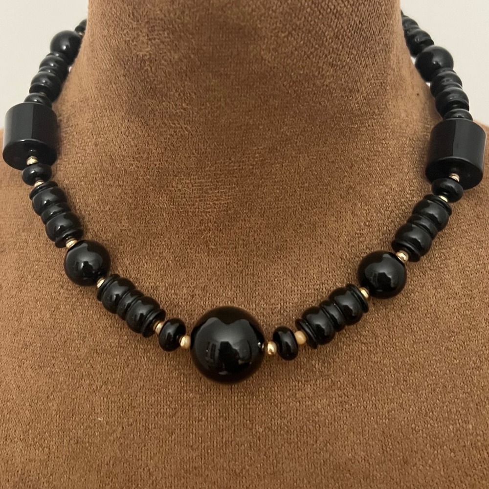 Vintage Black Glass Beaded‎ Chunky Statement Necklace 16 Inch Gold Tone Goth